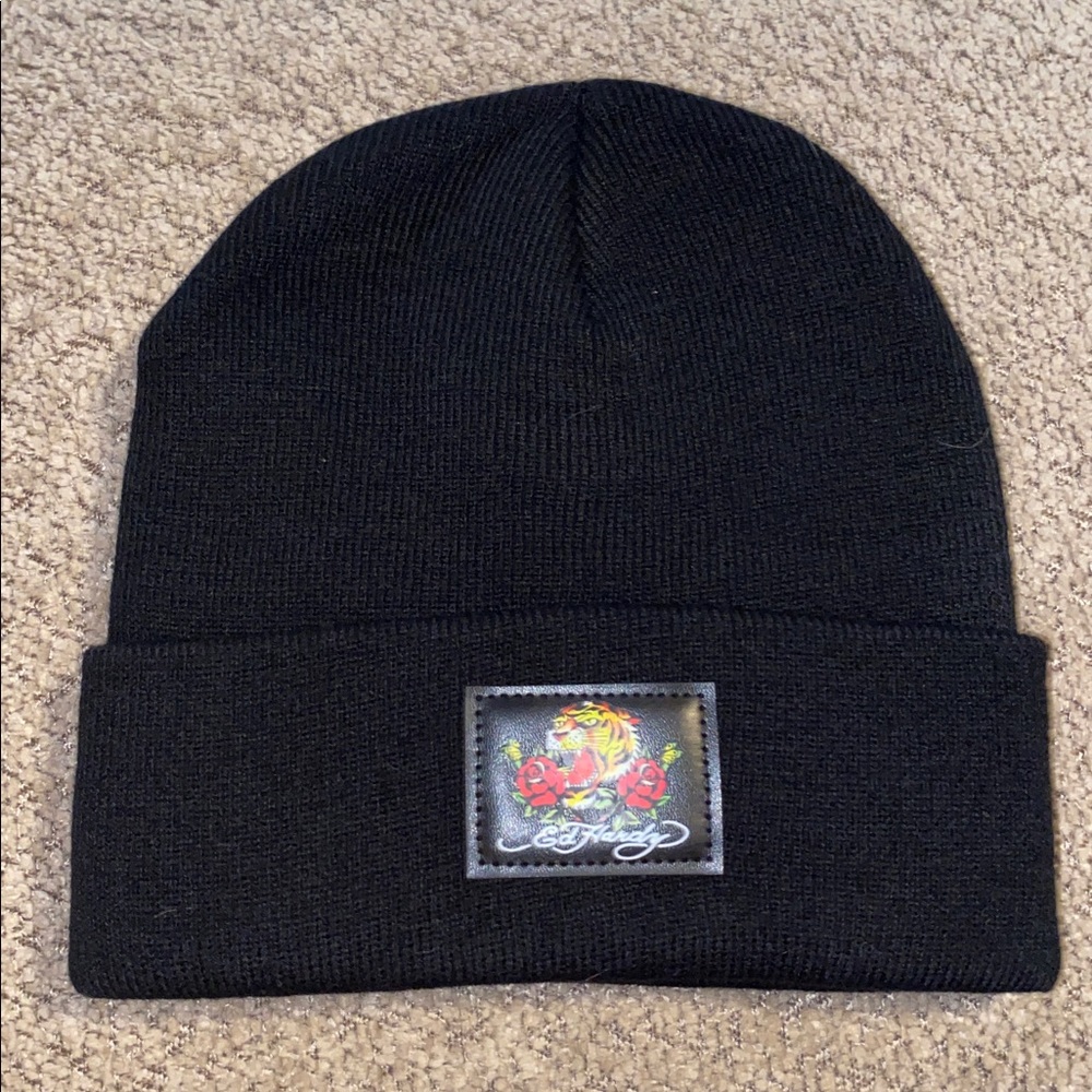 🆕 Ed Hardy Beanie black Leather patchwork bengal tiger floral